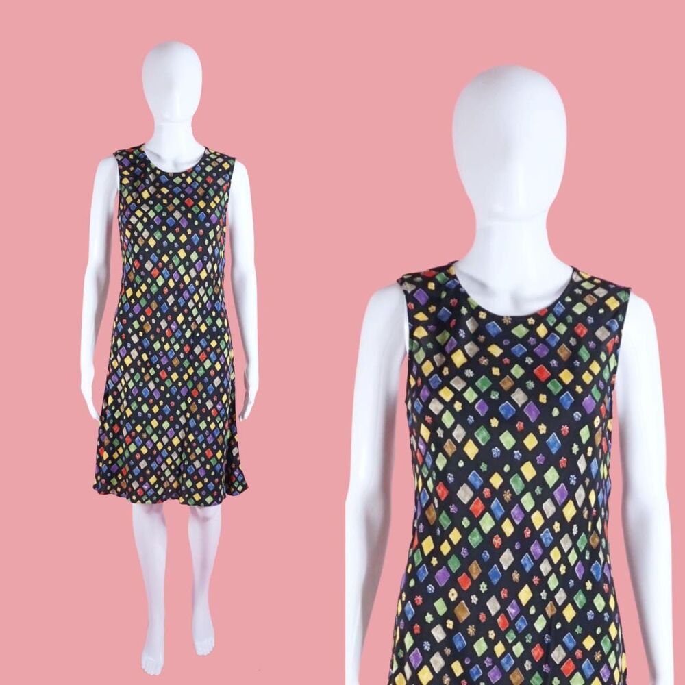 1990s-Y2K TESSUTO. Keyhole. FLORAL Colorful DIAMOND. Geometric Print Dress. S-M